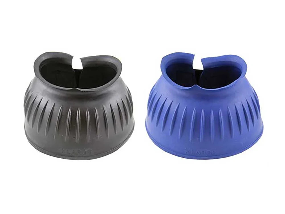 Black and blue ribbed bell boots that have double hook & loop closures