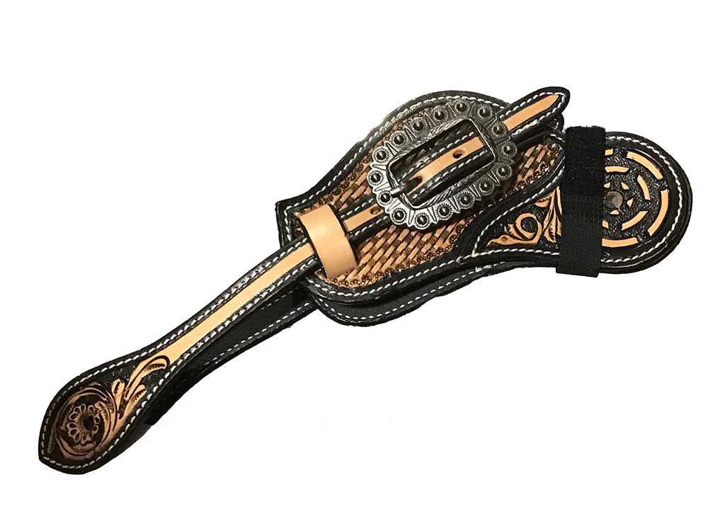 Raleigh Western Spur Straps crafted from black leather with a basket weave pattern embossed in natural-color leather