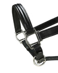 Close-up of stainless steel hardware on a triple-stitched Italian leather halter, showcasing durability and classic design.