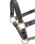 Close-up of brass hardware on a triple-stitched Italian leather halter, showcasing durability and classic design.