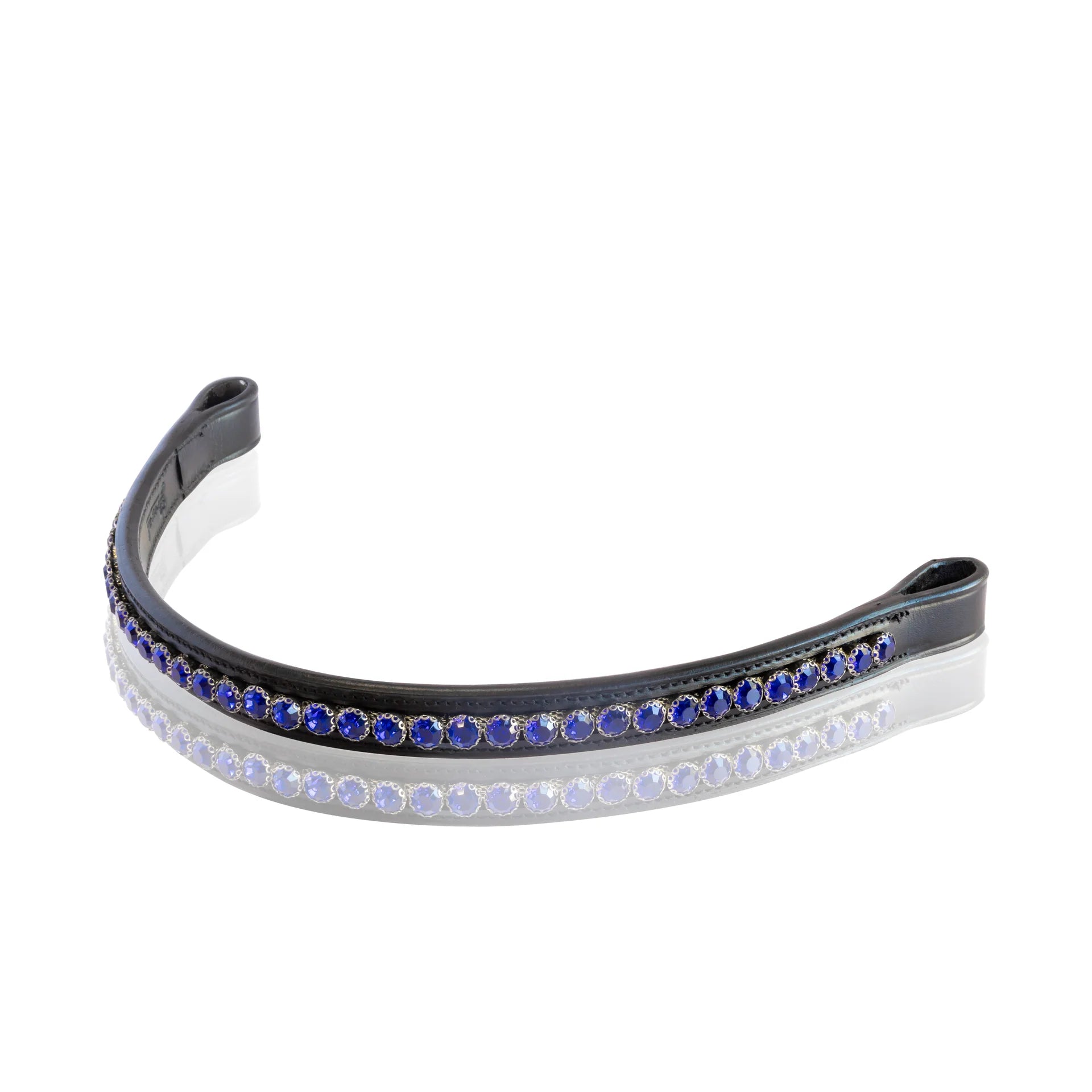 Decorative headband with blue and clear gemstones on a white background