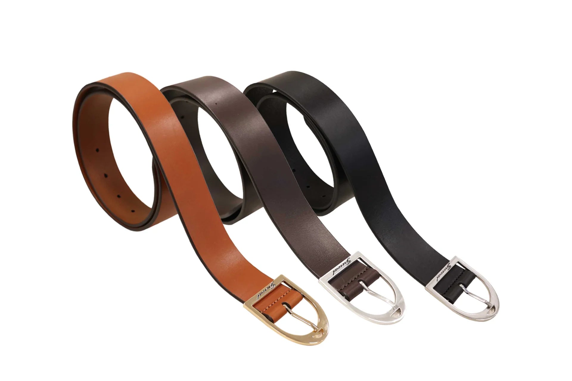 Three leather belts in brown, black, and brown with gold buckle on a white background