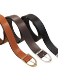 Three leather belts in brown, black, and brown with gold buckle on a white background