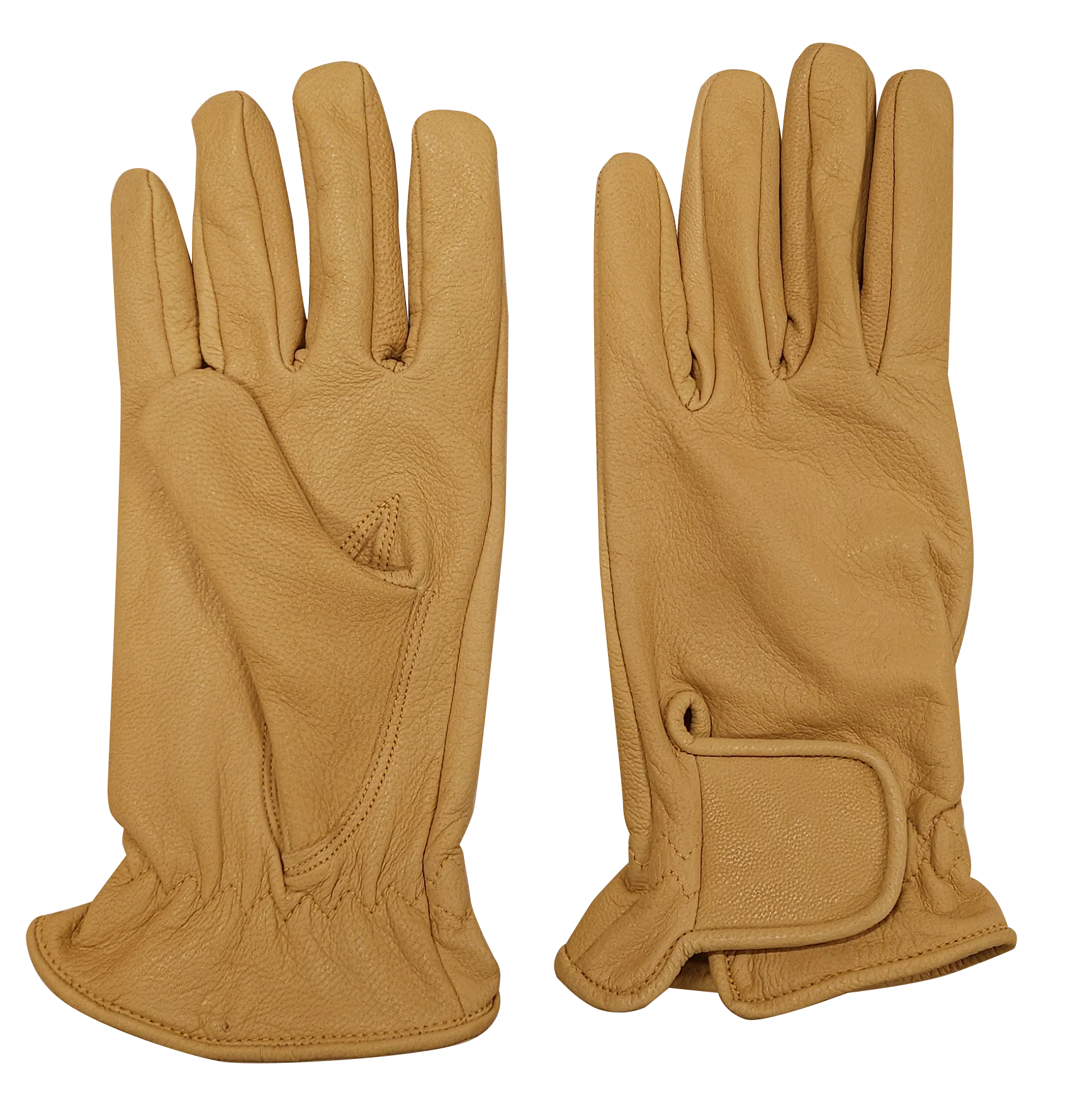 Pair of tan leather gloves on a white background