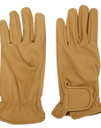 Pair of tan leather gloves on a white background