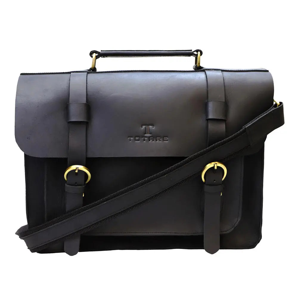 Black leather satchel bag with gold accents on a white background