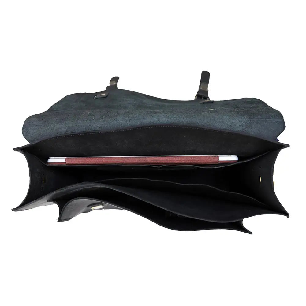 Black leather bag with a wooden handle on a white background