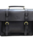 Black leather satchel bag with gold buckles on a white background