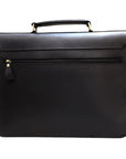 Black leather briefcase with gold zipper pull on a white background