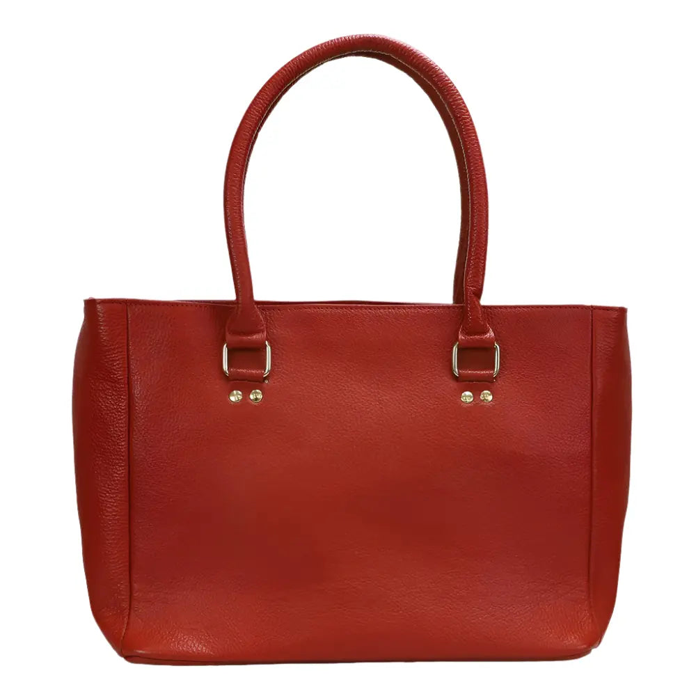 Red handbag with gold hardware on a white background