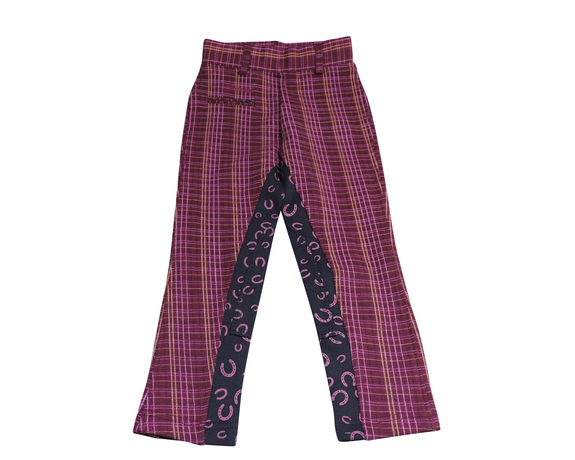 Purple plaid pants with a black and white pattern on a white background