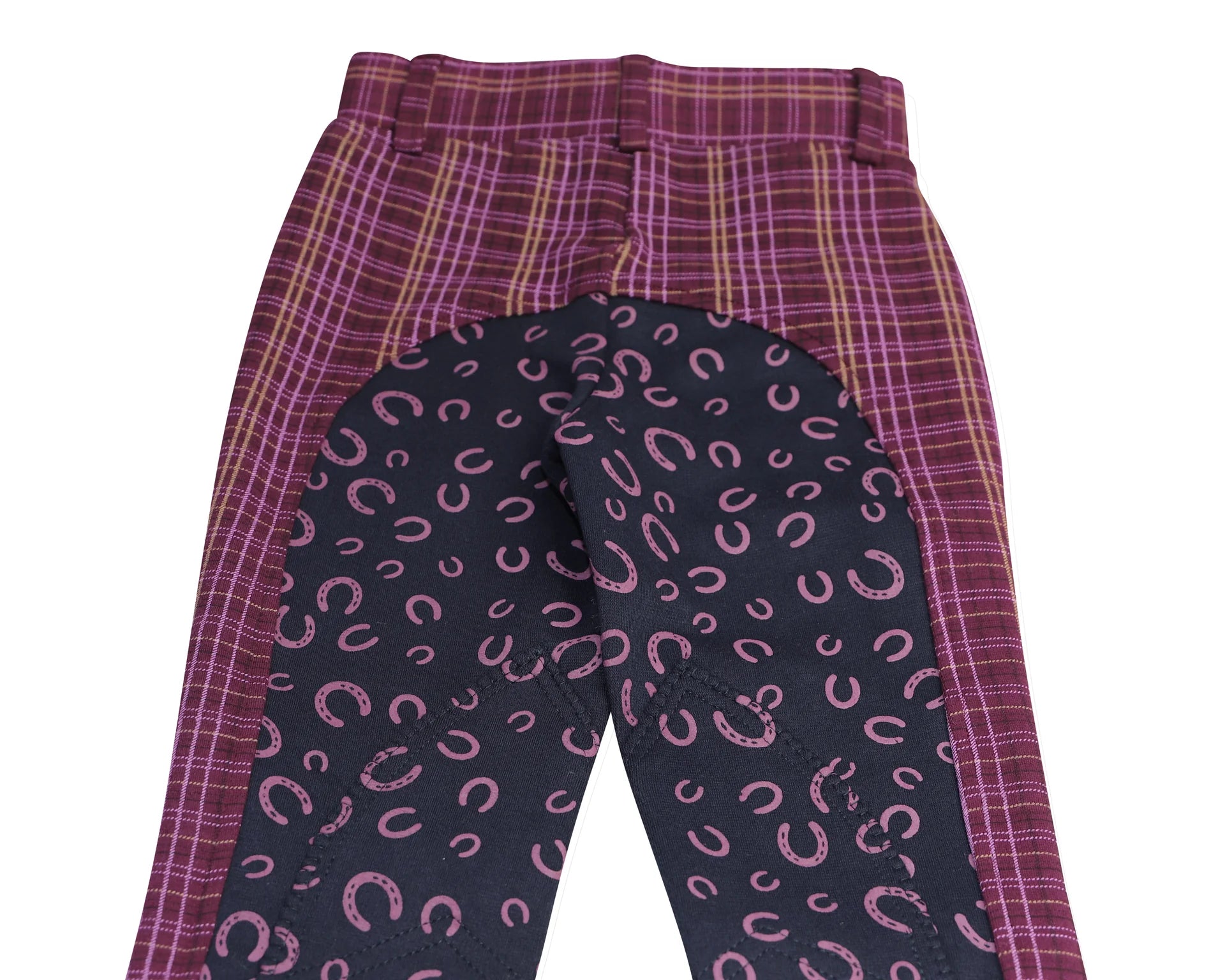 Purple plaid pants with a black patterned bottom section on a white background