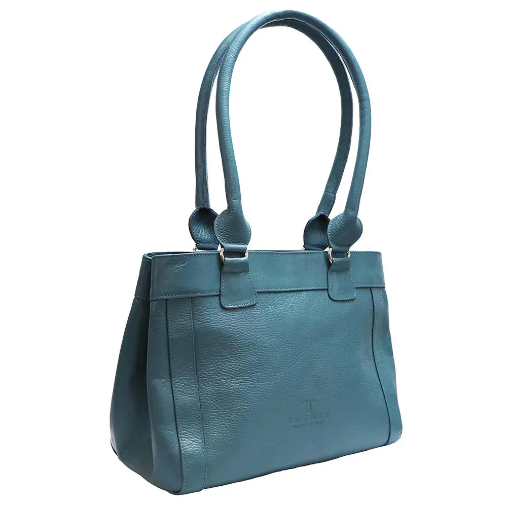 Teal handbag with a visible brand logo on a white background