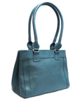 Teal handbag with a visible brand logo on a white background