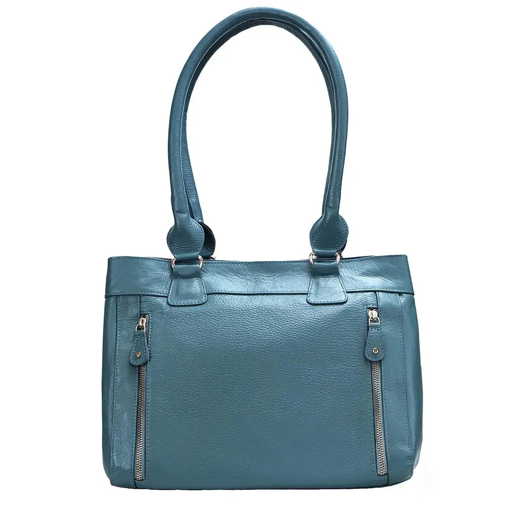 Teal handbag with shoulder straps on a white background