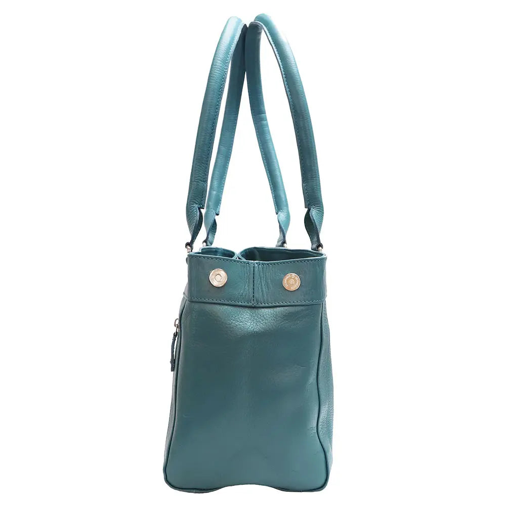 Teal handbag with shoulder straps on a white background