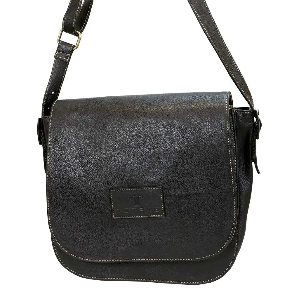 Black leather shoulder bag with a visible brand logo on a white background