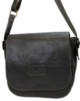 Black leather shoulder bag with a visible brand logo on a white background