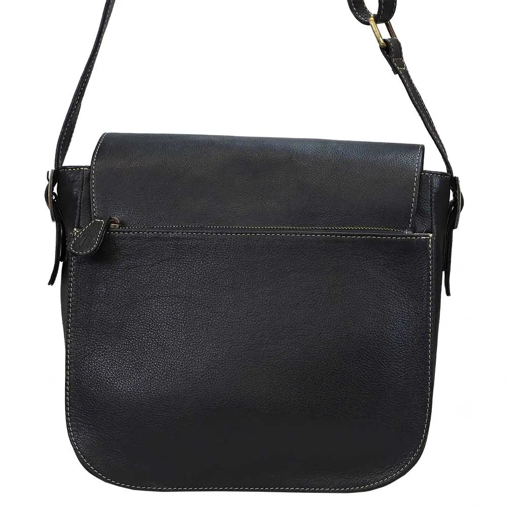 Black leather shoulder bag on a white background