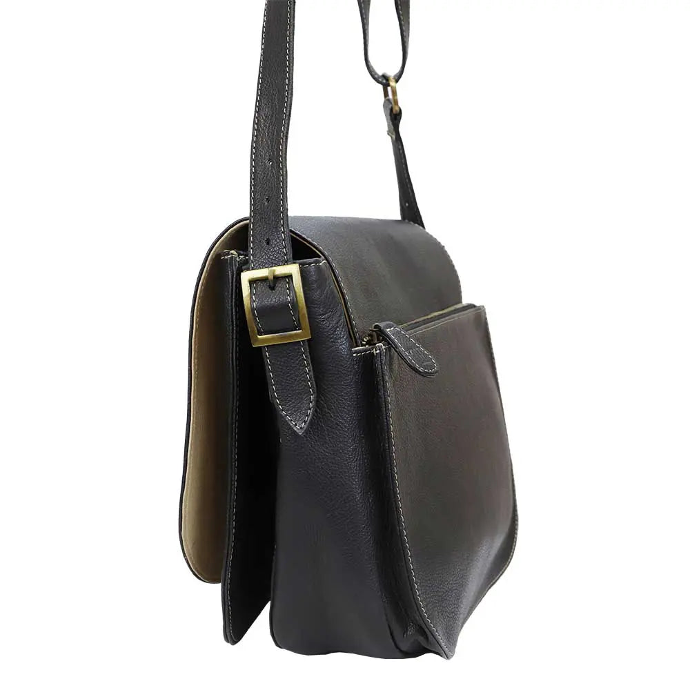 Black leather bag with a gold buckle on a white background