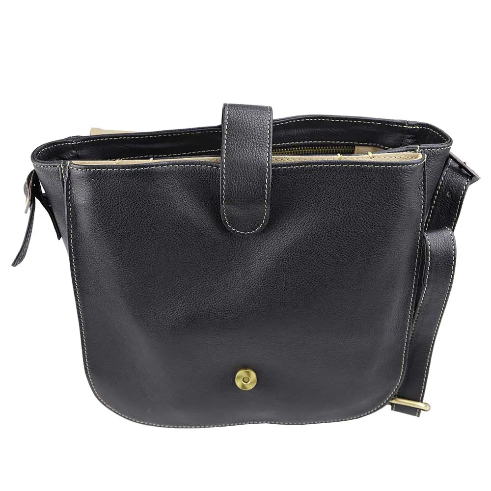 Black leather handbag with a gold button on a white background