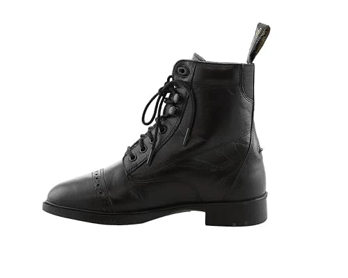 Black leather boot with laces on a white background