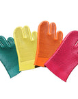 A set of three colorful grooming gloves designed for pets, available in green, yellow, and pink.