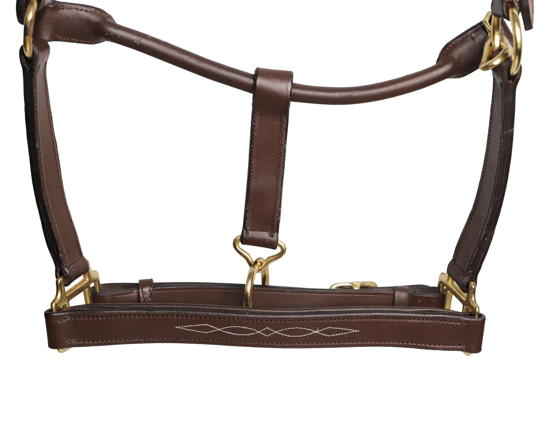 Brown leather horse halter with gold hardware on a white background