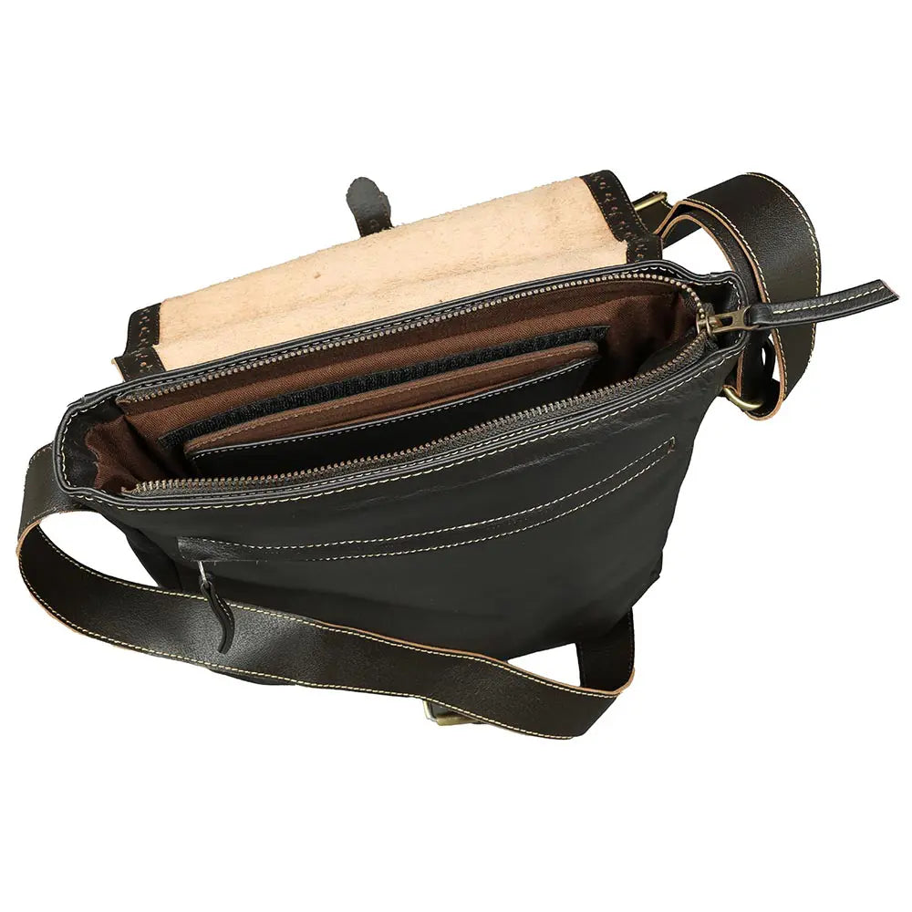 Black leather bag with a wooden interior on a white background
