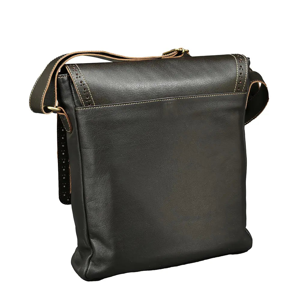 Black leather shoulder bag on a white background