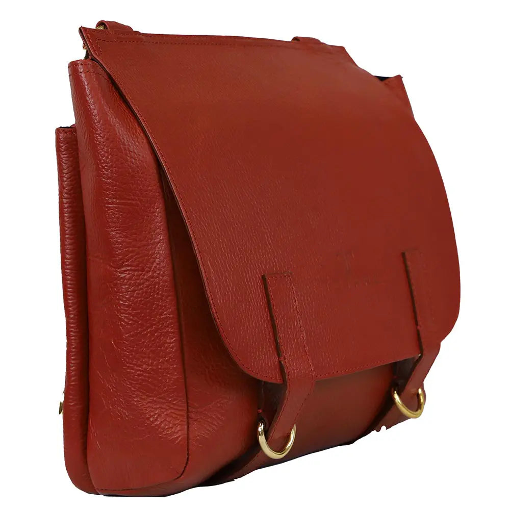 Red leather bag with gold accents on a white background