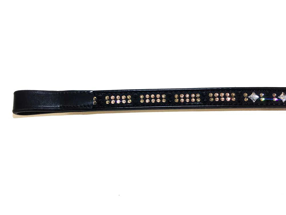 Black leather browband with decorative studs on a white background