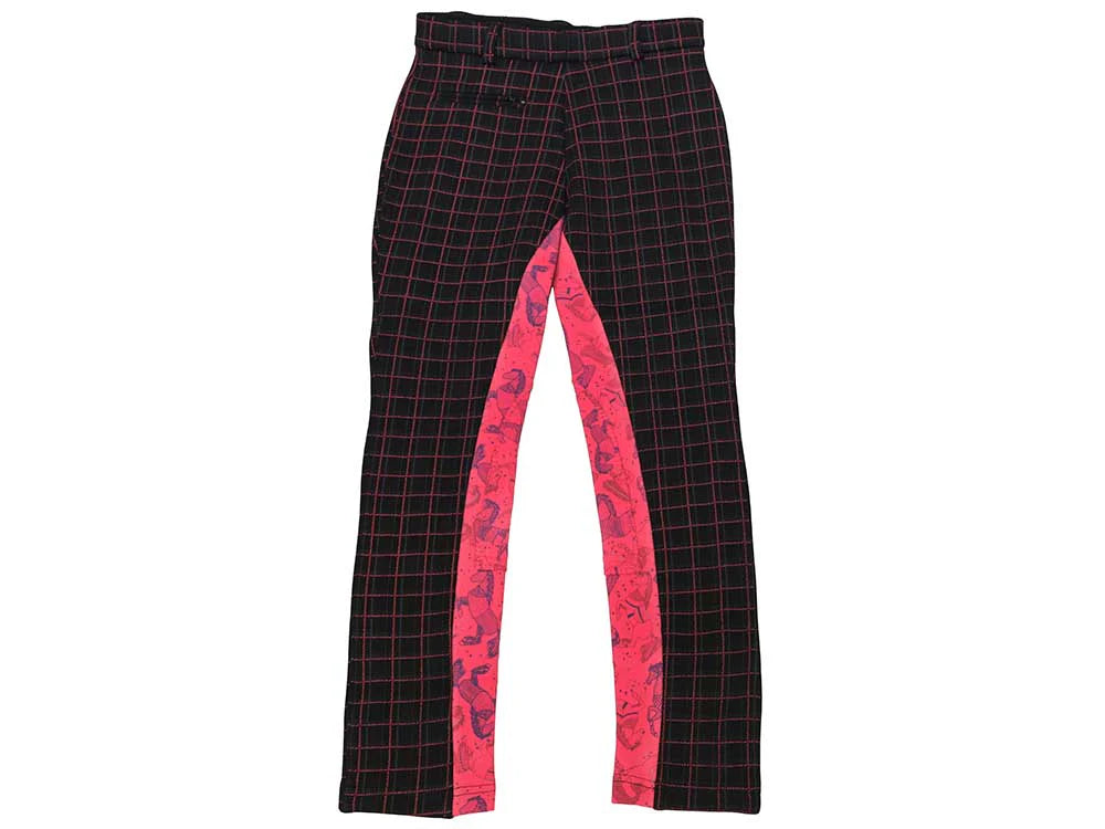 Black pants with red grid pattern on a white background