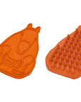 Orange horse-shaped Horsy Groom Curry Comb front and back