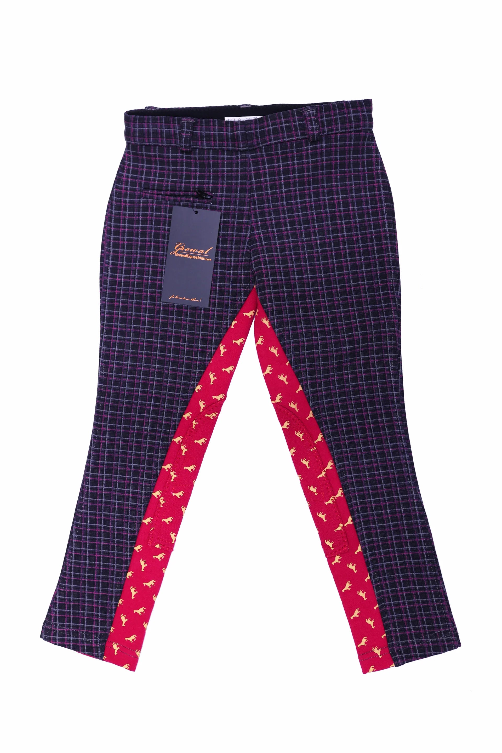 Plaid pants with red and yellow pattern on a white background