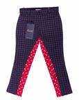 Plaid pants with red and yellow pattern on a white background