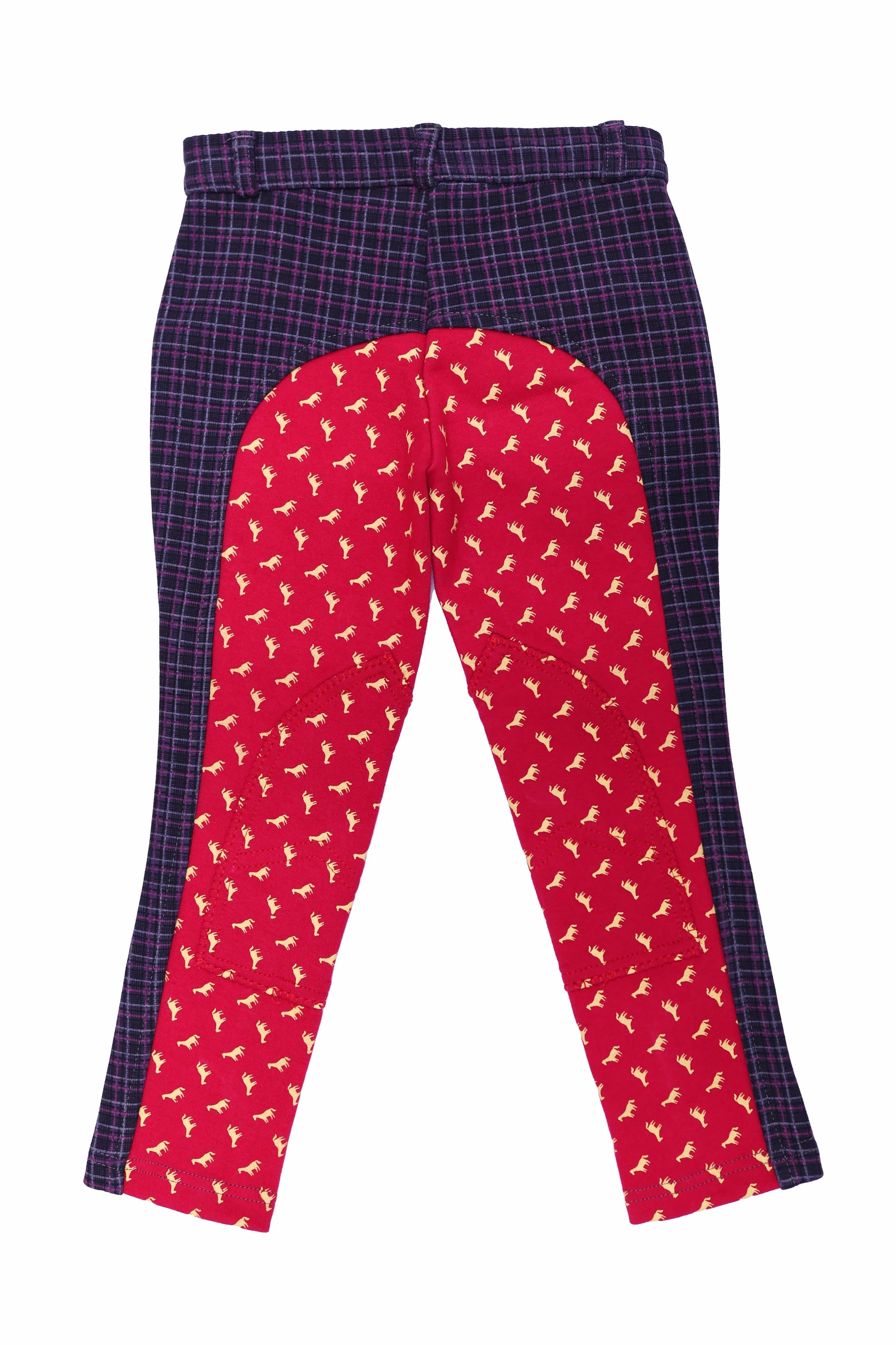 Two pairs of pants, one red with a pattern and one plaid, on a white background.