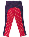 Two pairs of pants, one red with a pattern and one plaid, on a white background.