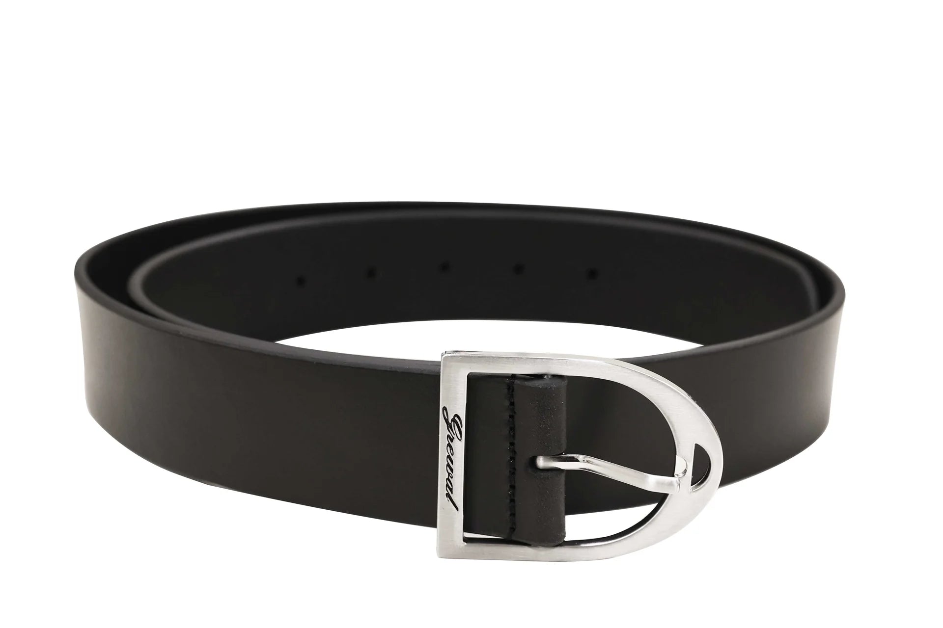 Black belt with silver buckle on a white background