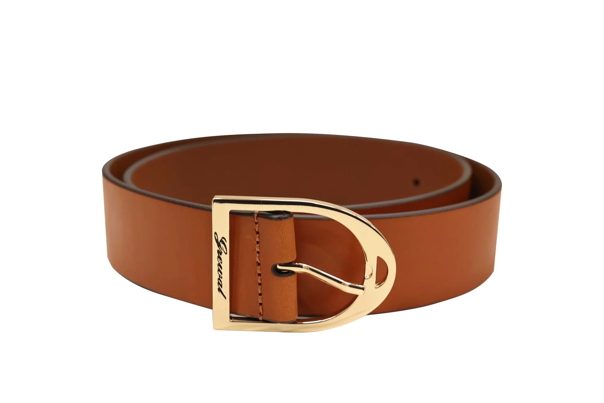Brown leather belt with a gold buckle on a white background