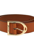 Brown leather belt with a gold buckle on a white background