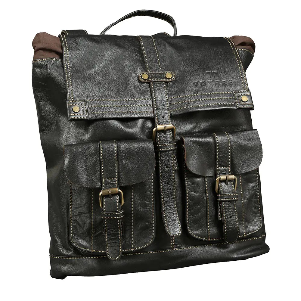 Black leather backpack with gold buckles on a white background