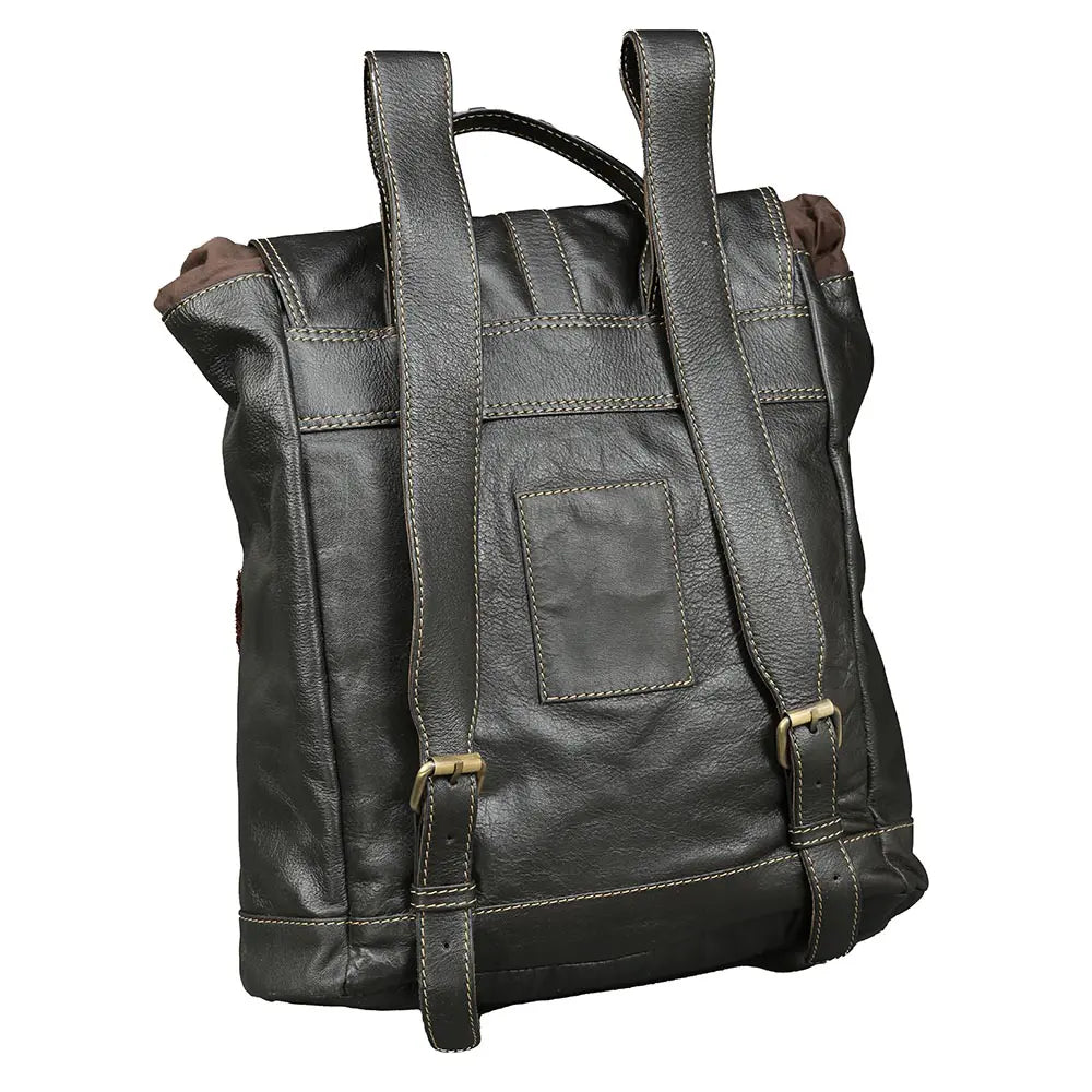 Dark leather backpack with gold accents on a white background