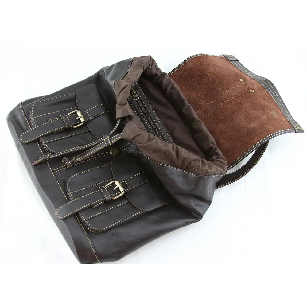 Brown leather bag with a contrasting interior on a white background