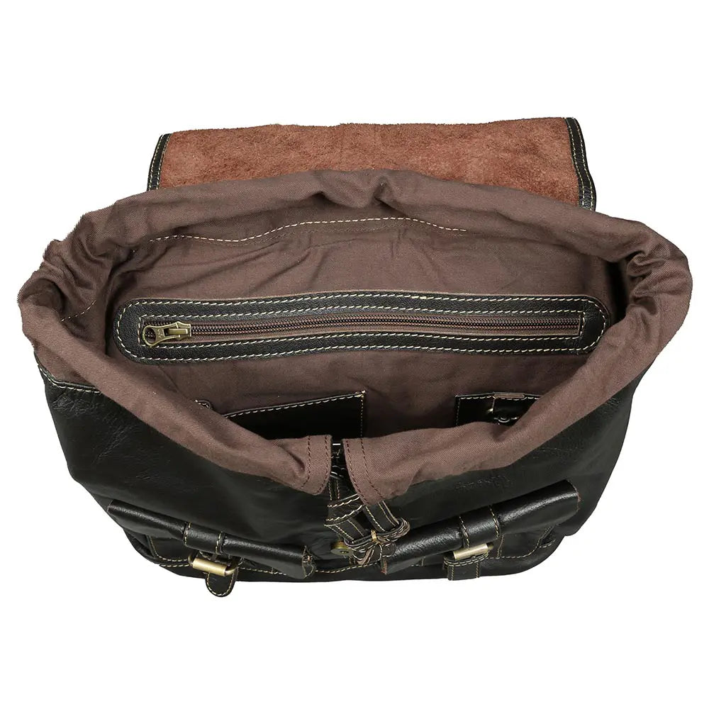 Brown leather bag with visible stitching on a white background