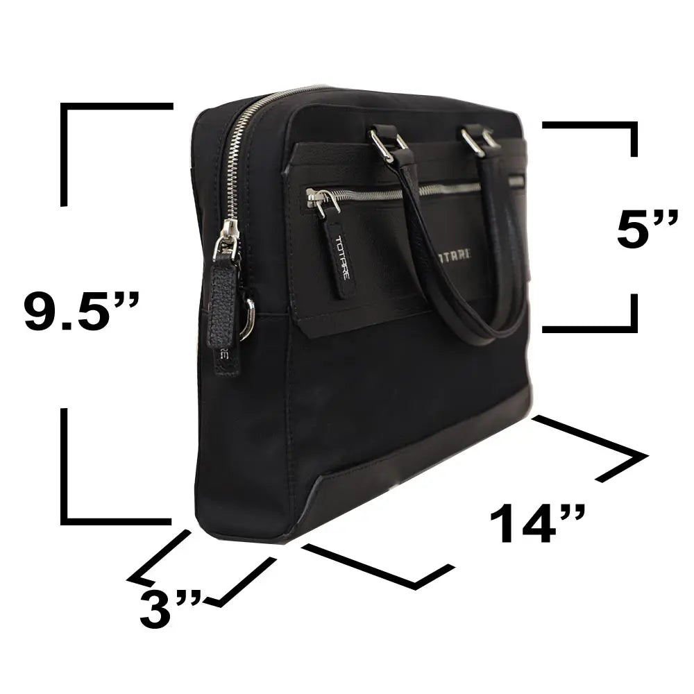 Black tote bag with measurements indicated on a white background