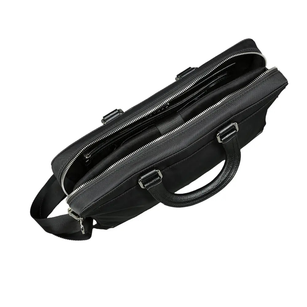 Black leather briefcase with a shoulder strap on a white background