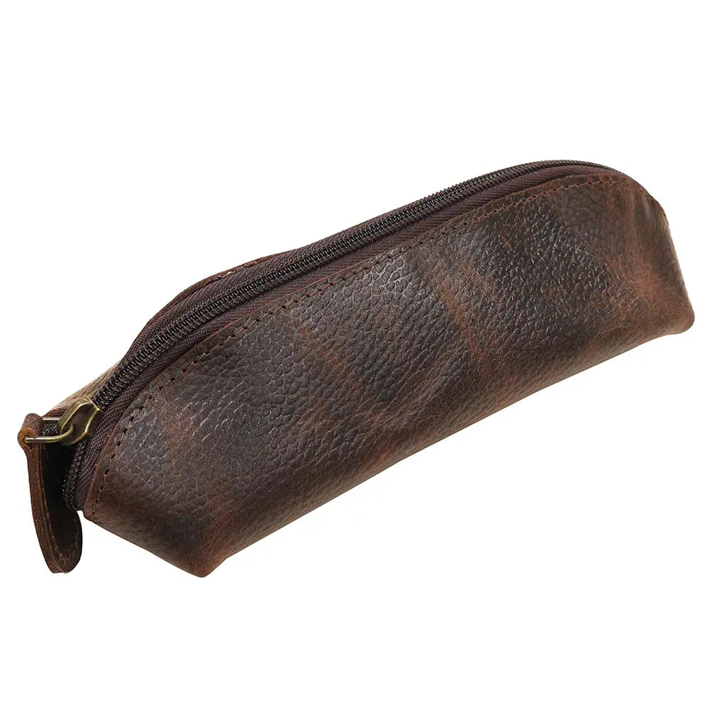 Brown leather pencil case with a zipper on a white background