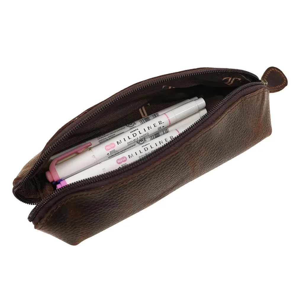Brown leather pencil case with makeup pencils inside on a white background