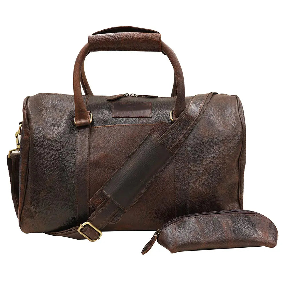 Brown leather duffel bag with shoulder strap on a white background